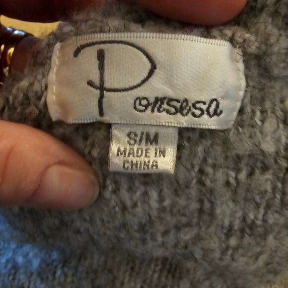 Ponsesa Cowl Neck Bouclé Knit Poncho Sweater Relaxed Cozy Luxury Heathered Grey - Picture 5 of 10